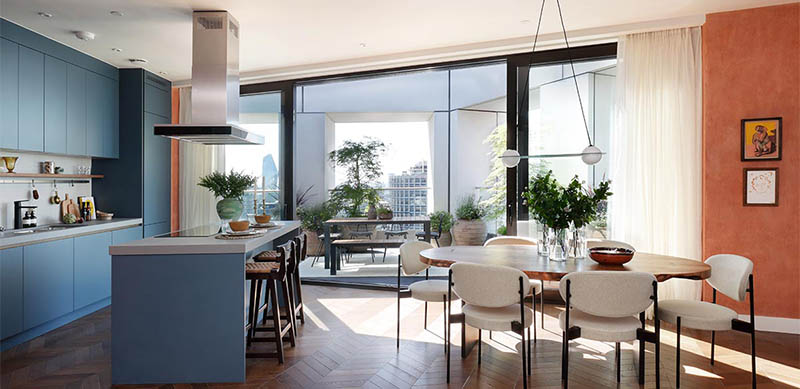 Open kitchen in modern mid blue style 1