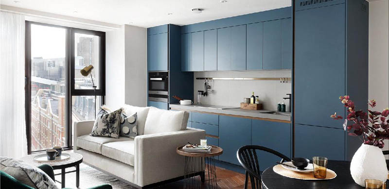 Open kitchen in modern mid blue style 7